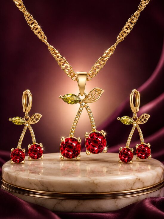 Handbags - Cherry Red Crystal Necklace Earrings Jewelry Gift Set